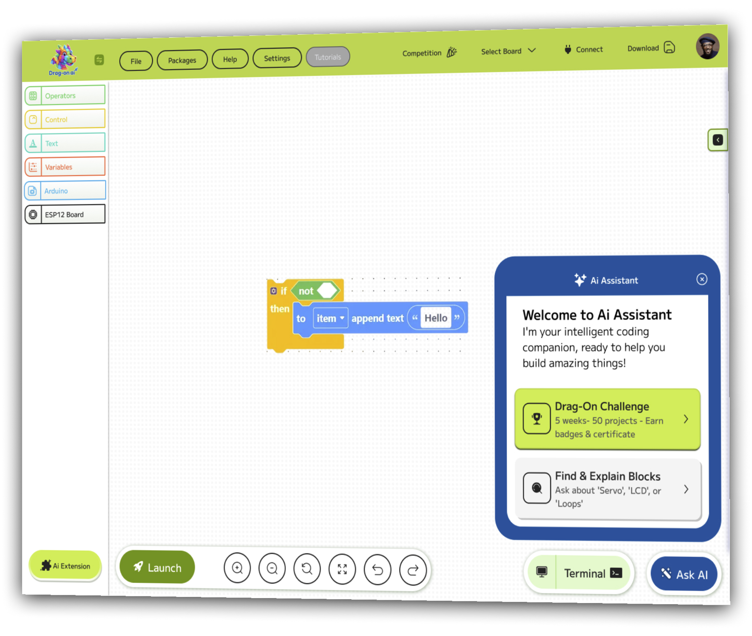 The Drag-on.ai block editor, an if/then script on the canvas and the AI assistant panel open beside it