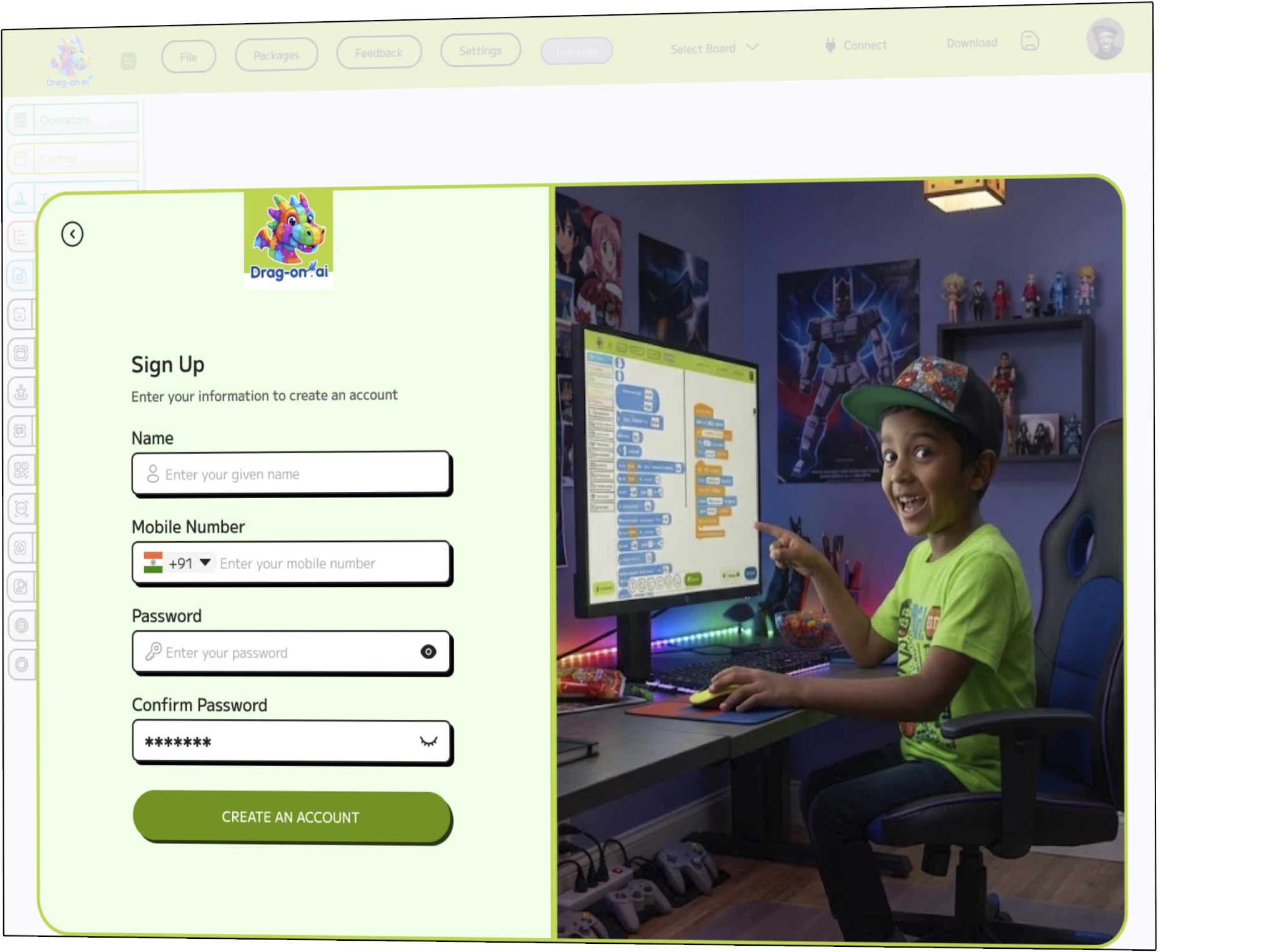 The Drag-on.ai sign-up screen, beside a photograph of a student building a script