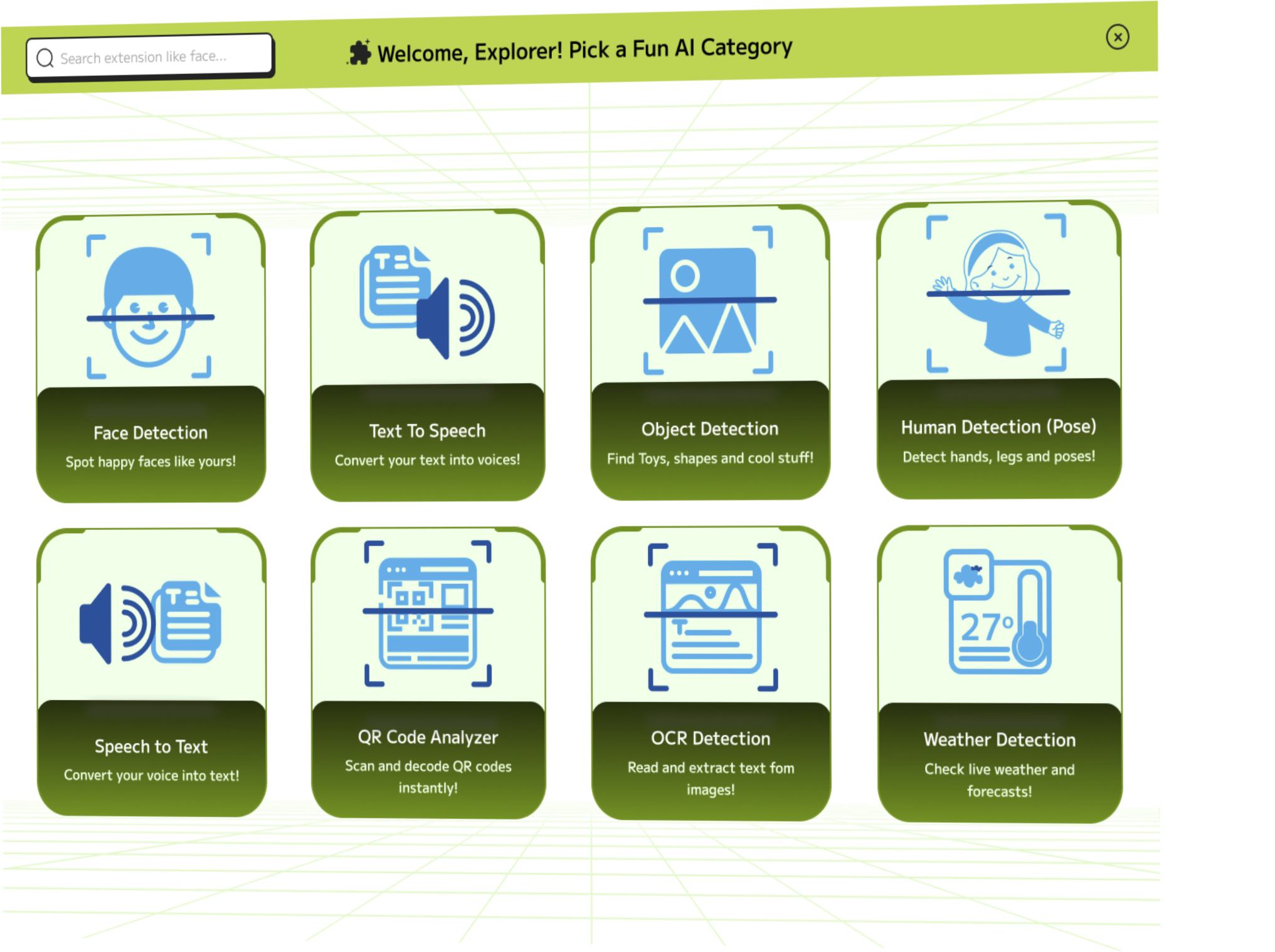 The Drag-on.ai AI extension picker, face detection, text to speech, object detection, pose, QR, OCR and weather