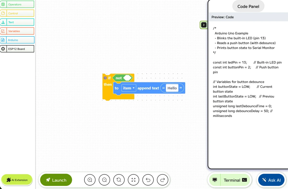The Drag-on.ai block editor with an if-block and its code panel